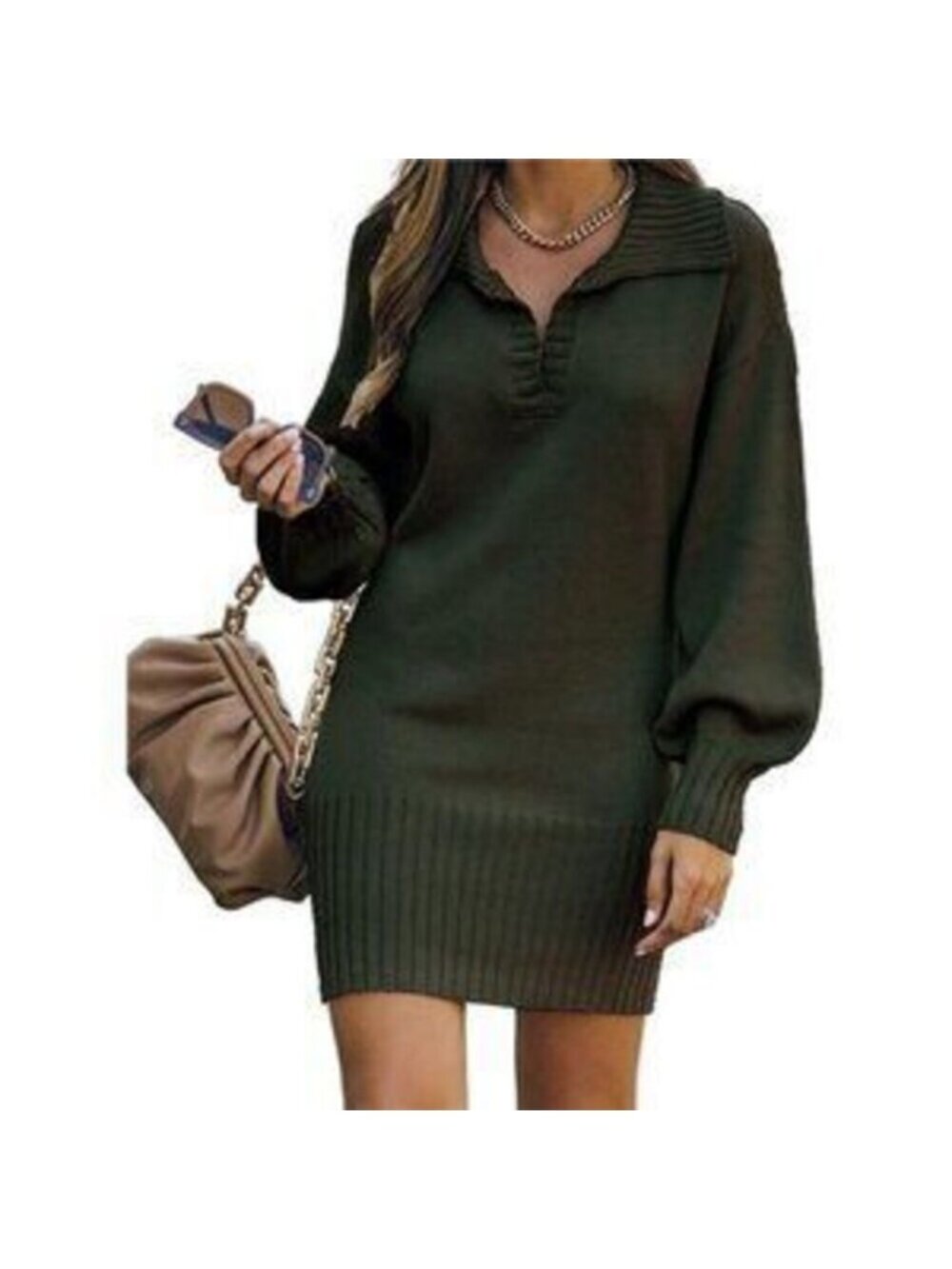 Women's V Neck Knit Mini Fall Sweater Dress Long Sleeve Loose Ribbed Pullover